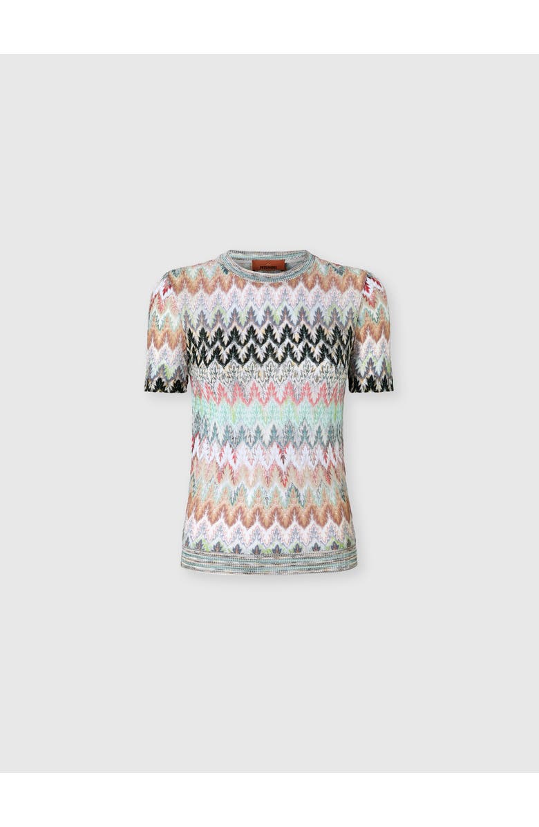 Missoni Cotton And Viscose Lamé Crewneck T-shirt With Lace Motif, Main, color, Green& Brown