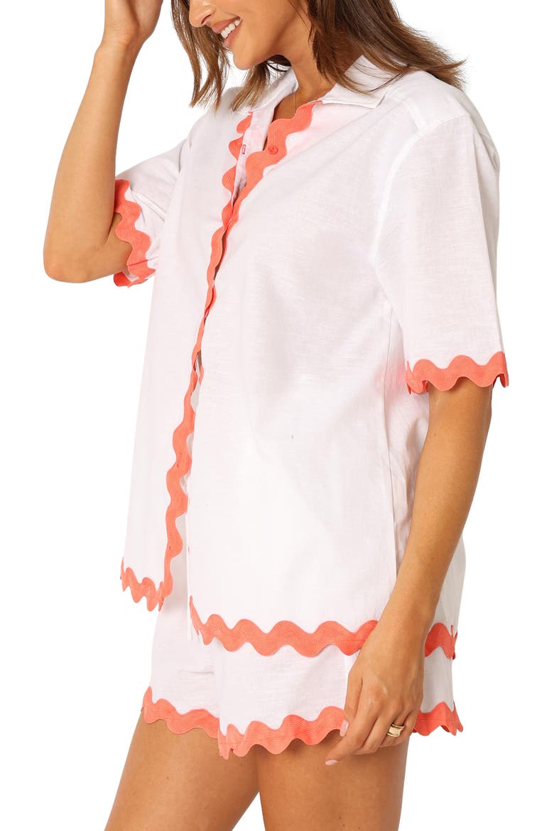 Harry Rickrack Trim Cotton & Linen Button-Up Shirt, Alternate, color, WHITE/ MELON