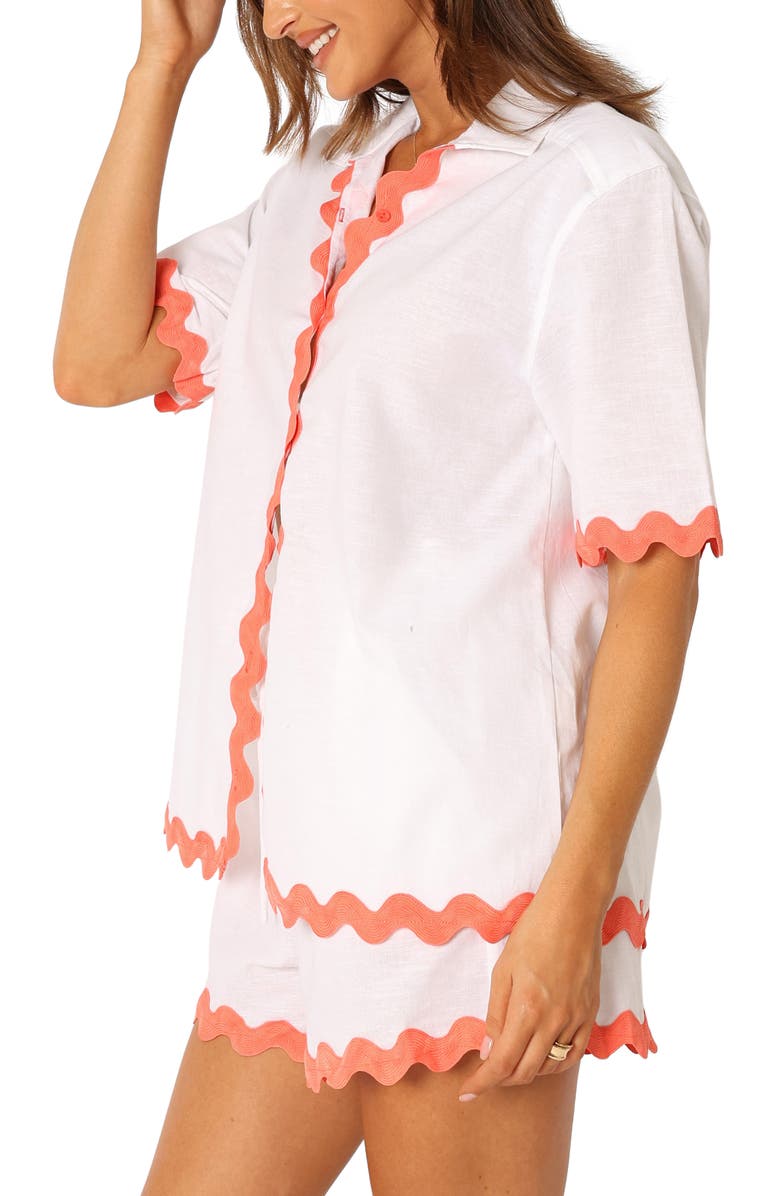 Petal & Pup Harry Rickrack Trim Cotton & Linen Button-Up Shirt, Alternate, color, White/ Melon