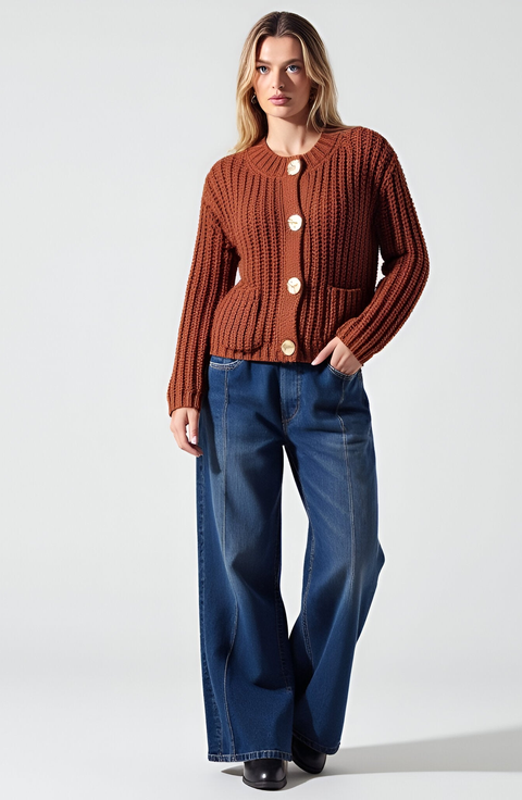Chunky Ribbed Gold-Button Patch-Pocket Cardigan