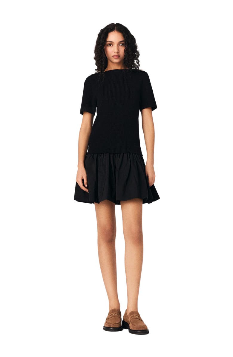 maje Short knit and taffeta dress, Main, color, Black