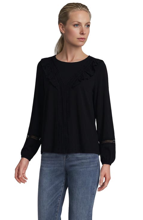 Long Sleeve Lightweight Jersey Crew Neck Lace Ruffle Blouse