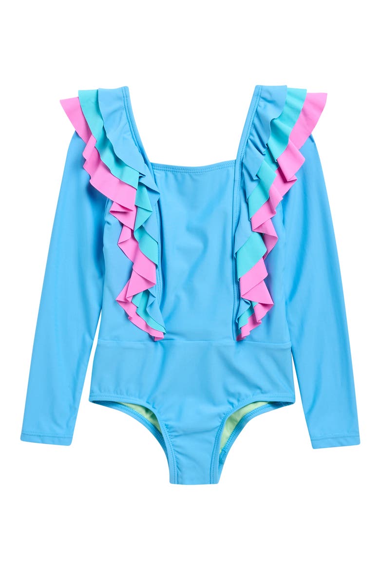 Kids' Ruffle Long Sleeve One-Piece Rashguard Swimsuit, Main, color, BLUE HORIZON