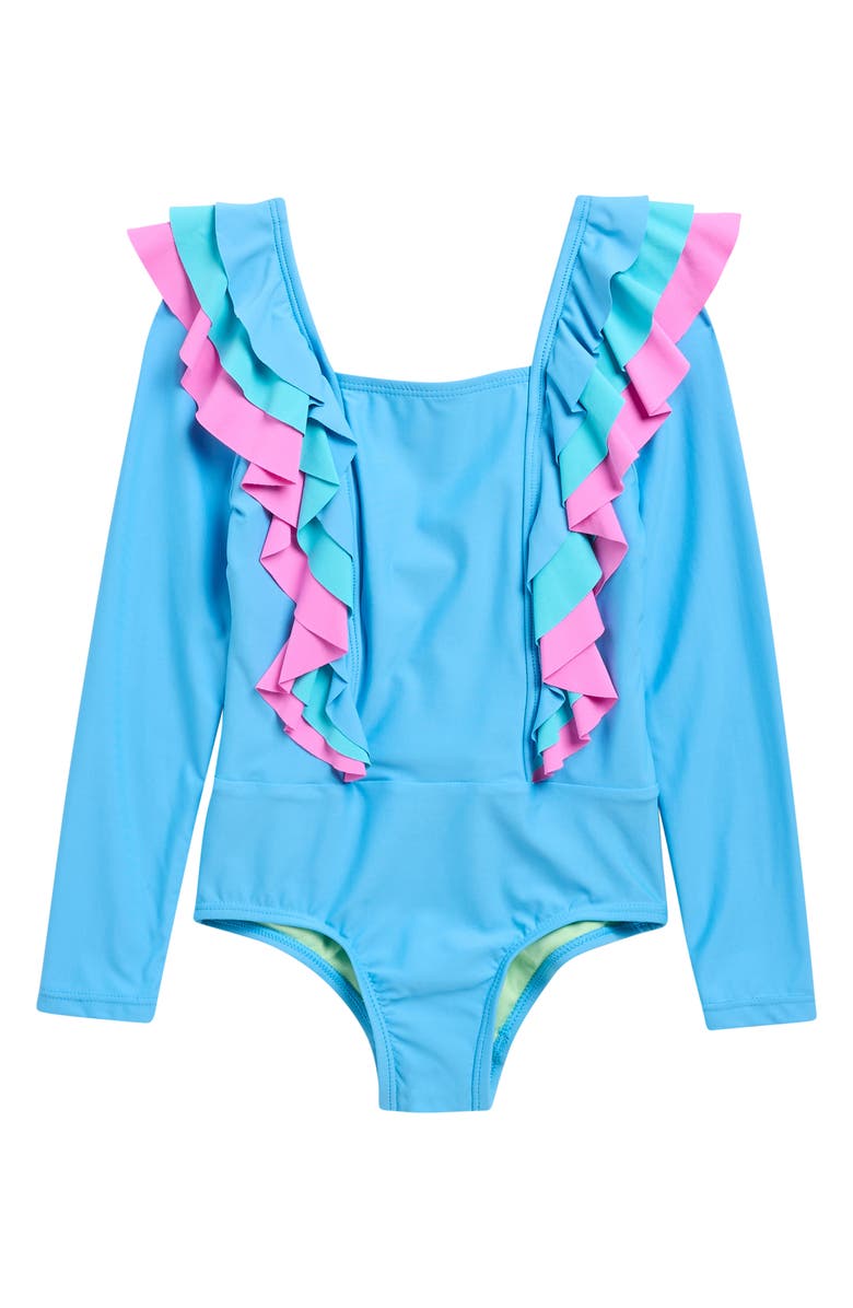 Beach Lingo Kids' Ruffle Long Sleeve One-Piece Rashguard Swimsuit, Main, color, Blue Horizon