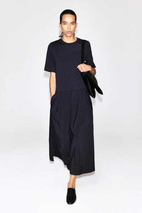 Dropped-waist Contrast-panel Midi Dress
