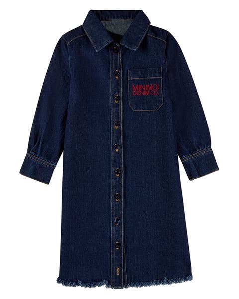 Kids Denim Shirt-Collared Button-Down Knee-Length Dress