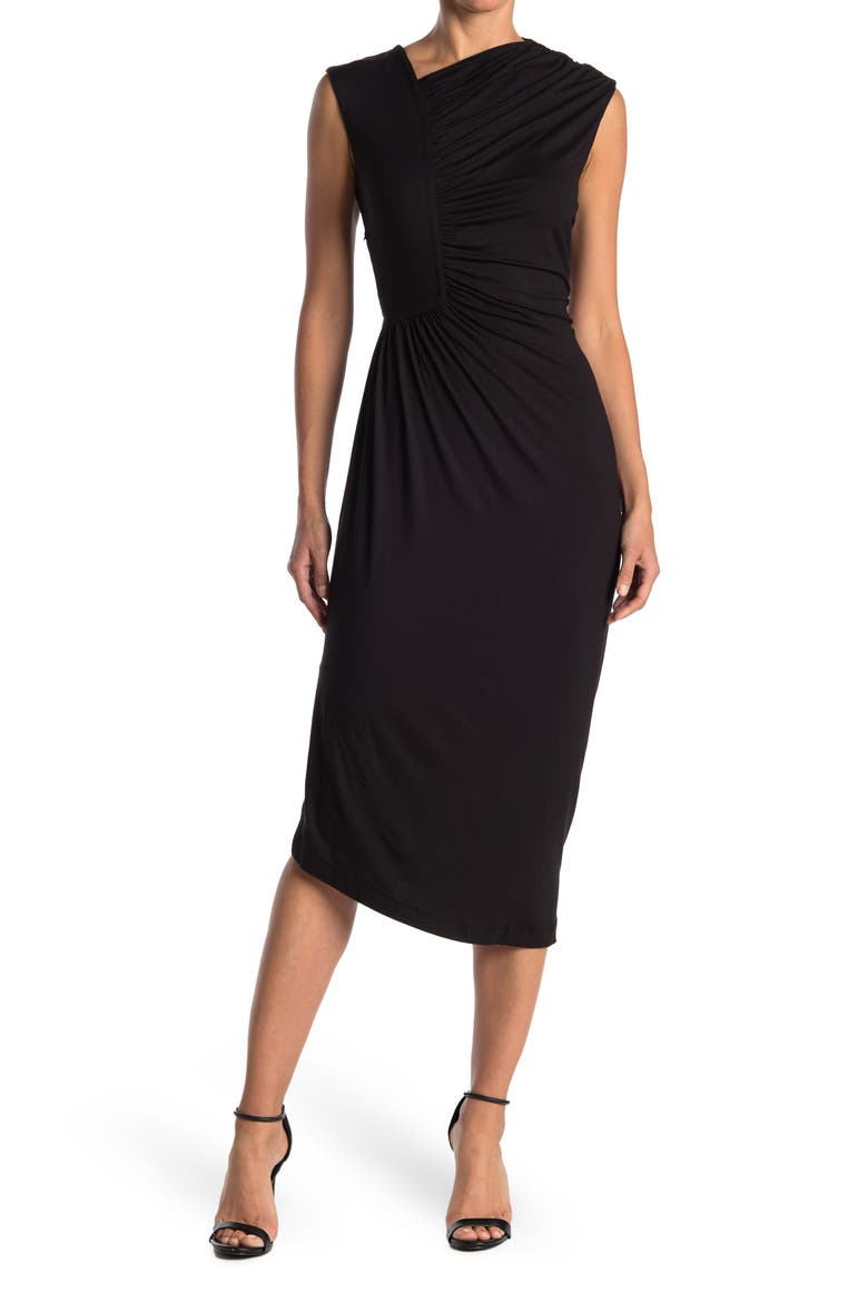 HUGO BOSS Asymmetrical Ruched Sleeveless Midi Dress, Main, color, BLK