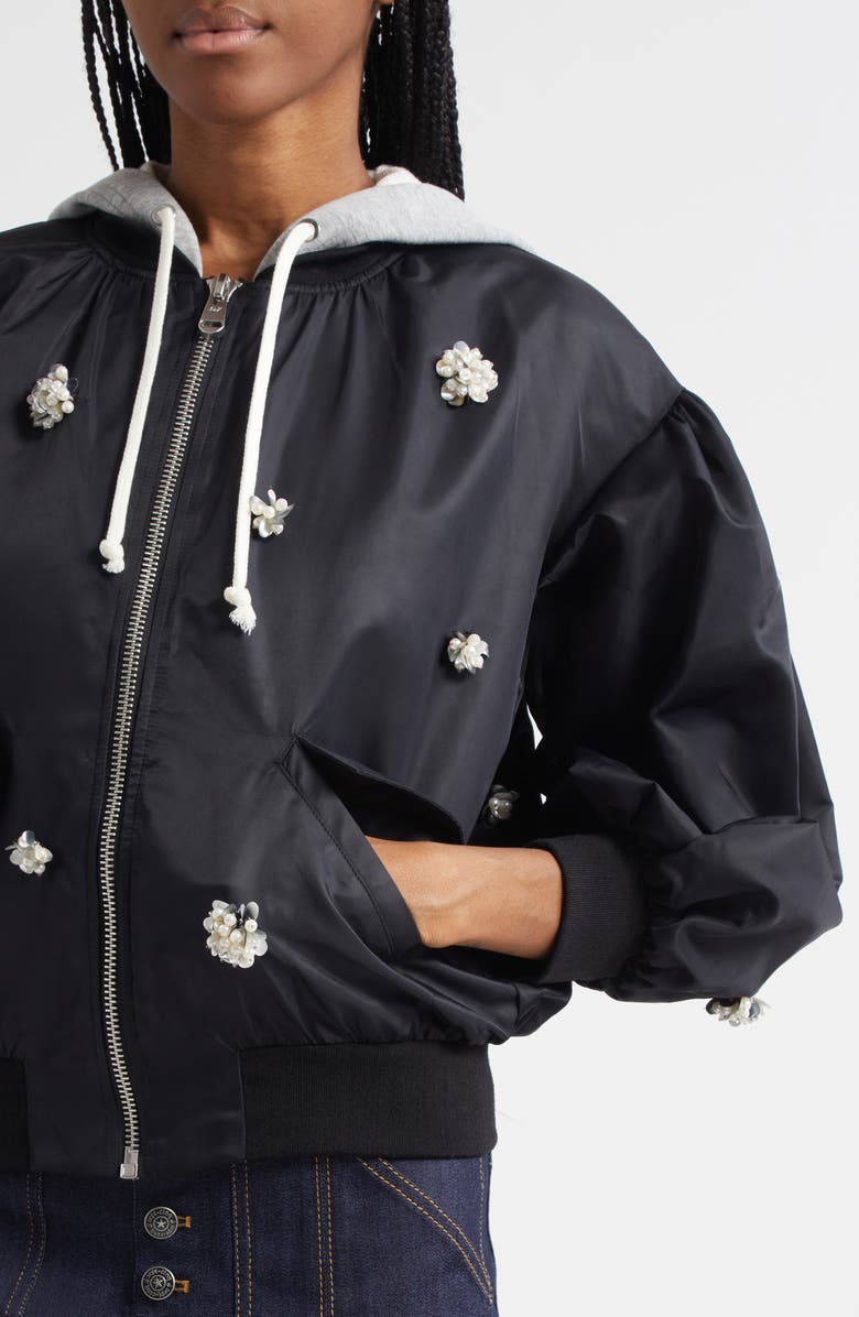 Cinq à Sept Ollie Rhinestone Detail Hooded Jacket, Alternate, color, Black/ Pearl
