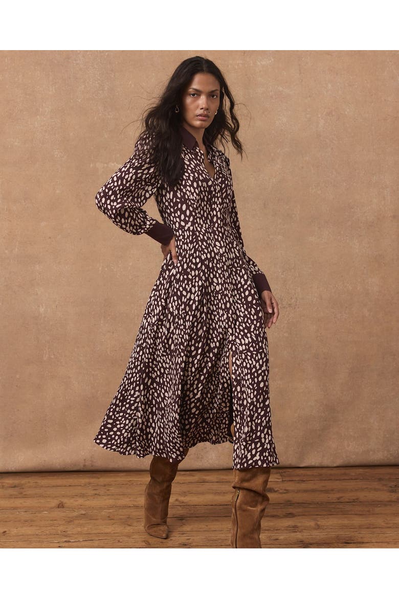 Printed Contrast Midi Shirt Dress, Alternate, color, Burgundy