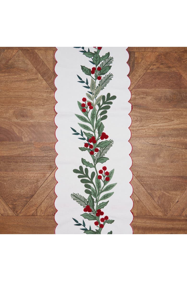 Merry Mistletoe Embroidered Botanical Runner 14" x 72", Alternate, color, Red