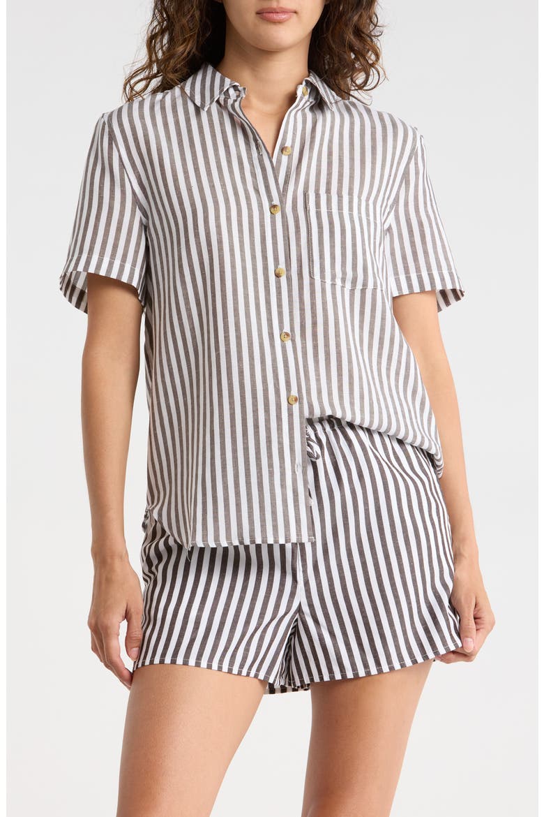 Short Sleeve Button-Up Cover-Up Shirt, Main, color, DARK CHOCOLA