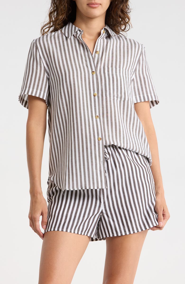 Onia Short Sleeve Button-Up Cover-Up Shirt, Main, color, Dark Chocola