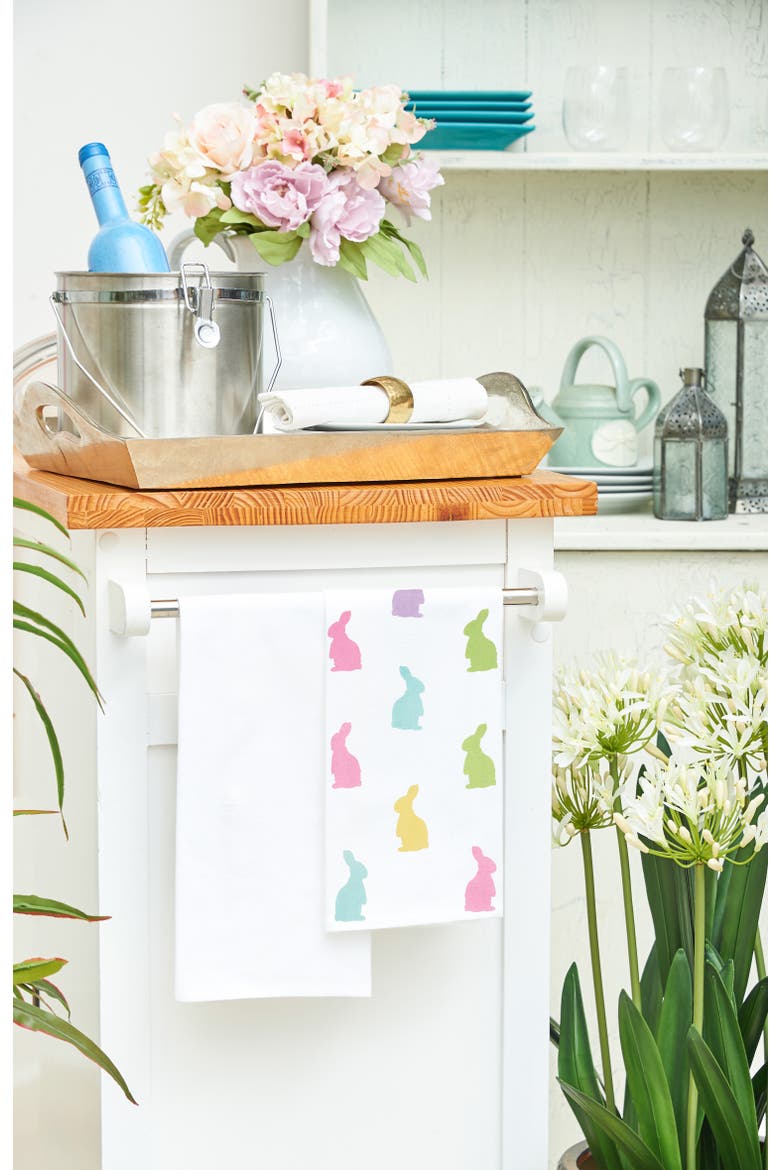 Easter Bunny Rabbit Hop Silhouettes 100% Cotton Flour Sack Printed Kitchen Dishtowel, Alternate, color, White