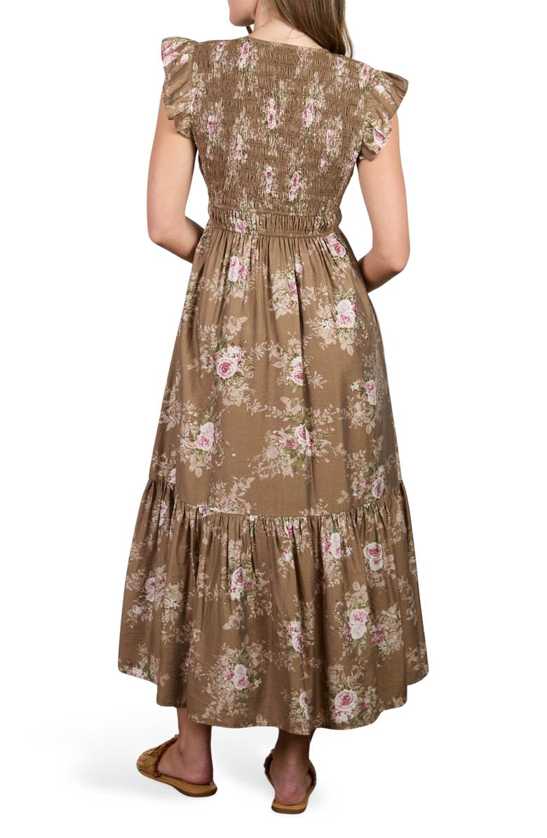 AUGUST SKY Floral Smocked Midi Dress, Alternate, color, Brown Multi