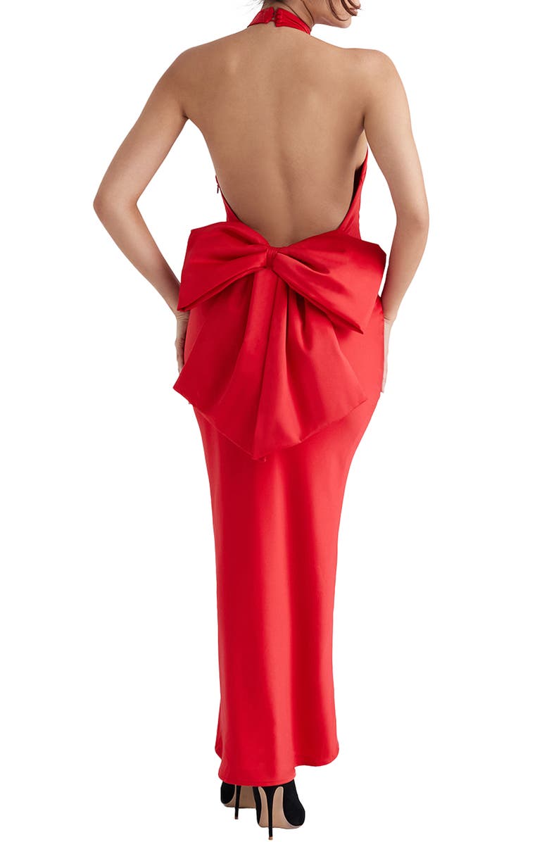 HOUSE OF CB Ilaria Backless Bow Halter Dress, Alternate, color, Red