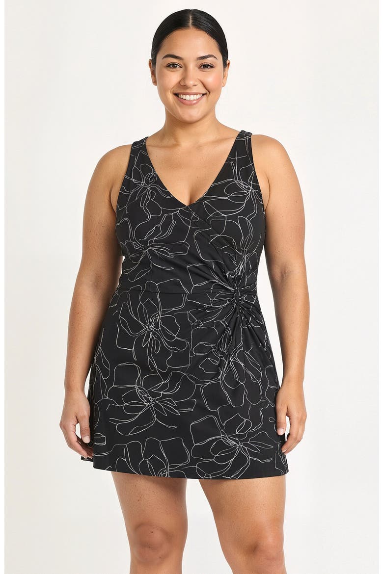 Plus Size Alana Wrap-Style Swim Dress With Hidden Bottoms and Adjustable Straps, Main, color, Black Floral