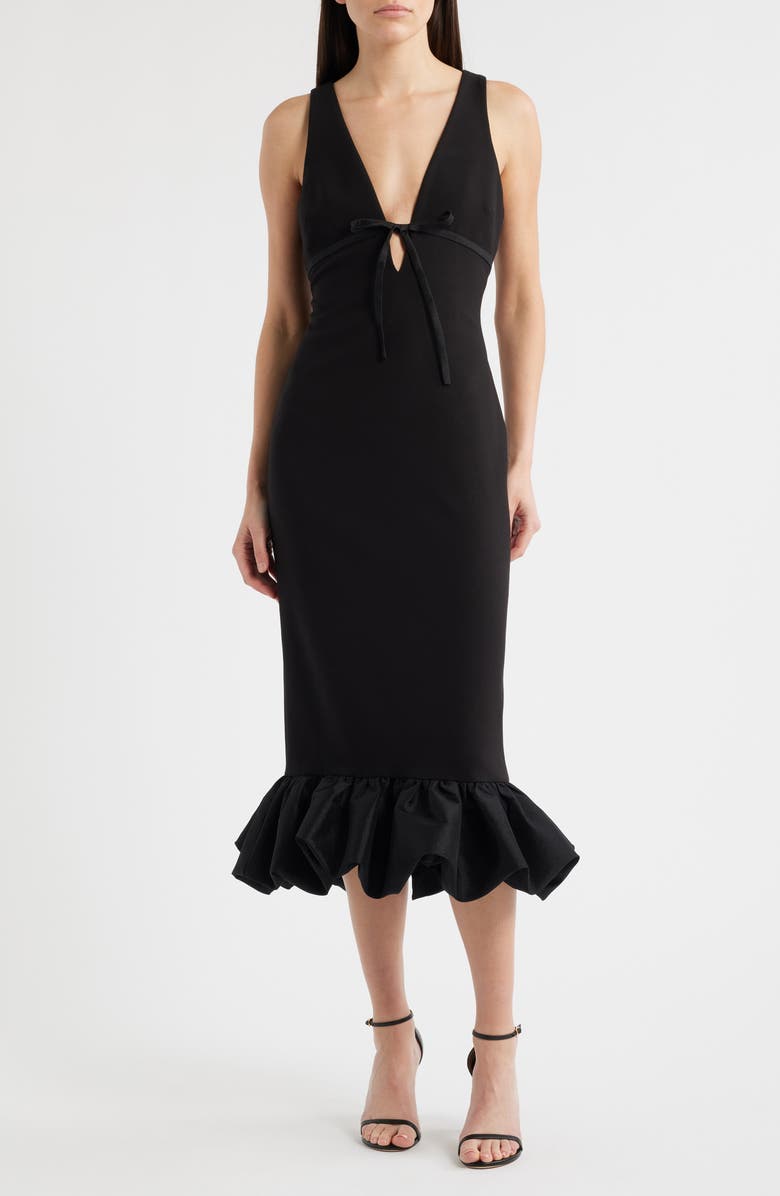 LIKELY Balta Ruffle Hem Mixed Media Cocktail Midi Dress, Main, color, Black