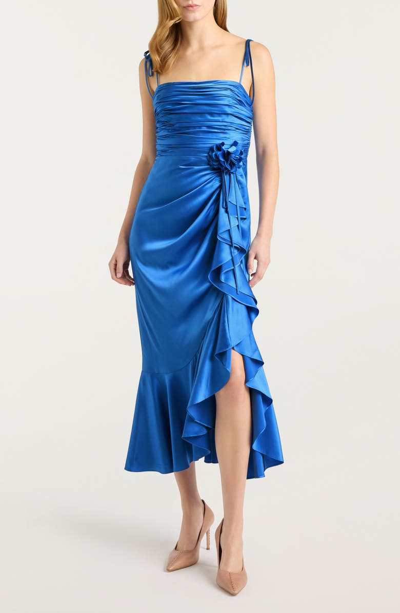 Cinq à Sept Mireya Ruched Ruffle Sleeveless Silk Maxi Dress, Main, color, Cobalt Wave