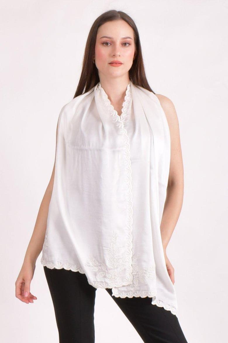 Resham & Pearl Hand Embroidered Viscose Scarf, Alternate, color, White