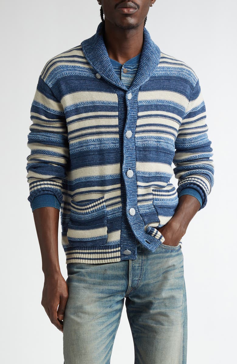 Double RL Indigo Stripe Cotton & Linen Cardigan, Main, color, Indigo/ Multi