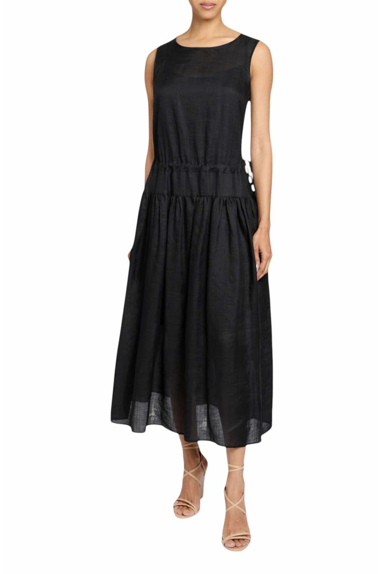 MISTY Sleeveless Drop-Waist Midi Dress in Lightweight Ramie, Main, color, BLACK