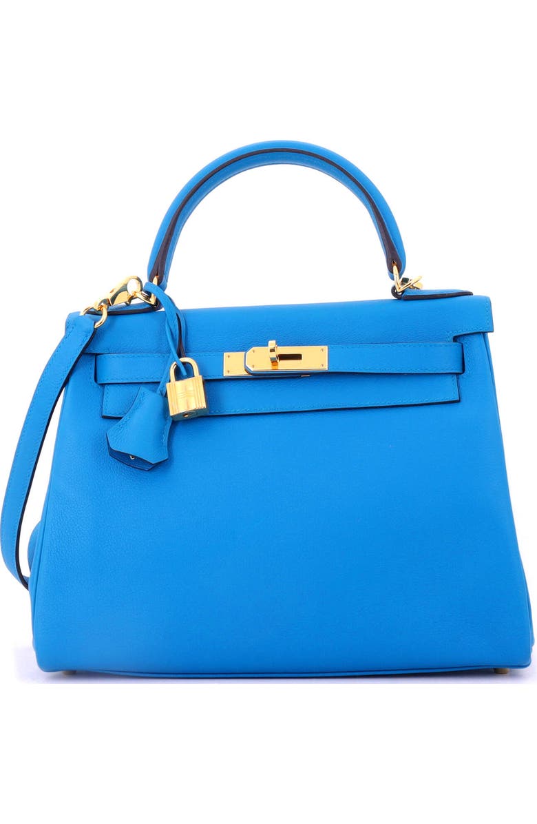 Pre-Owned Hermes Kelly Handbag Blue Evercolor with Gold Hardware 28, Main, color,