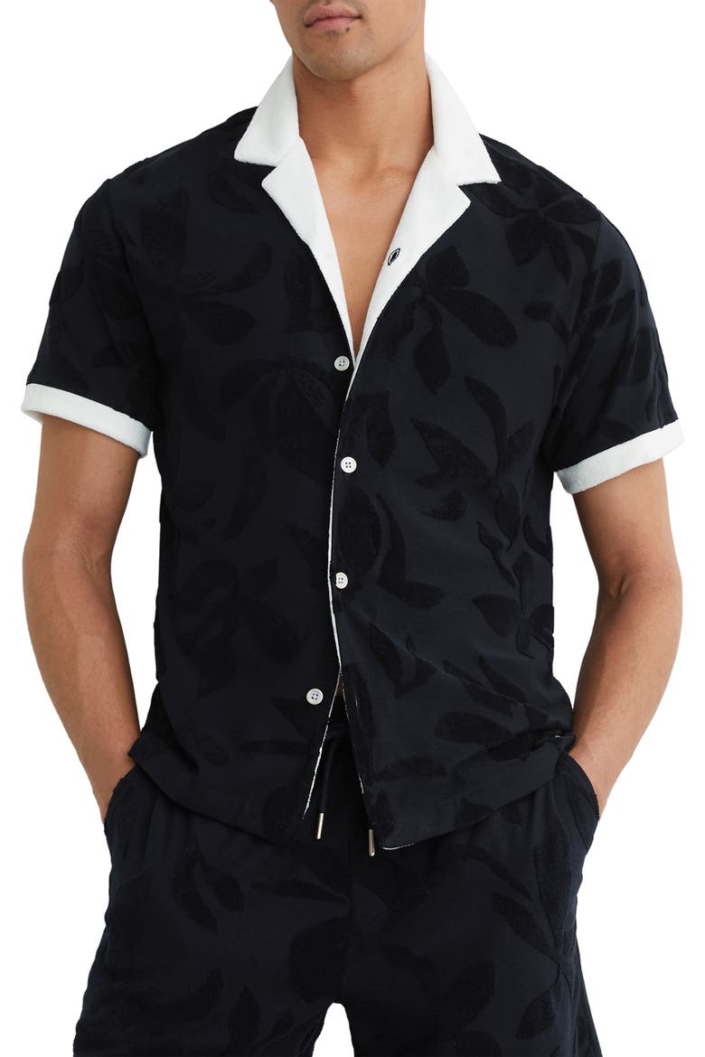 Zuma Contrast Trim Floral Camp Shirt, Main, color, NAVY
