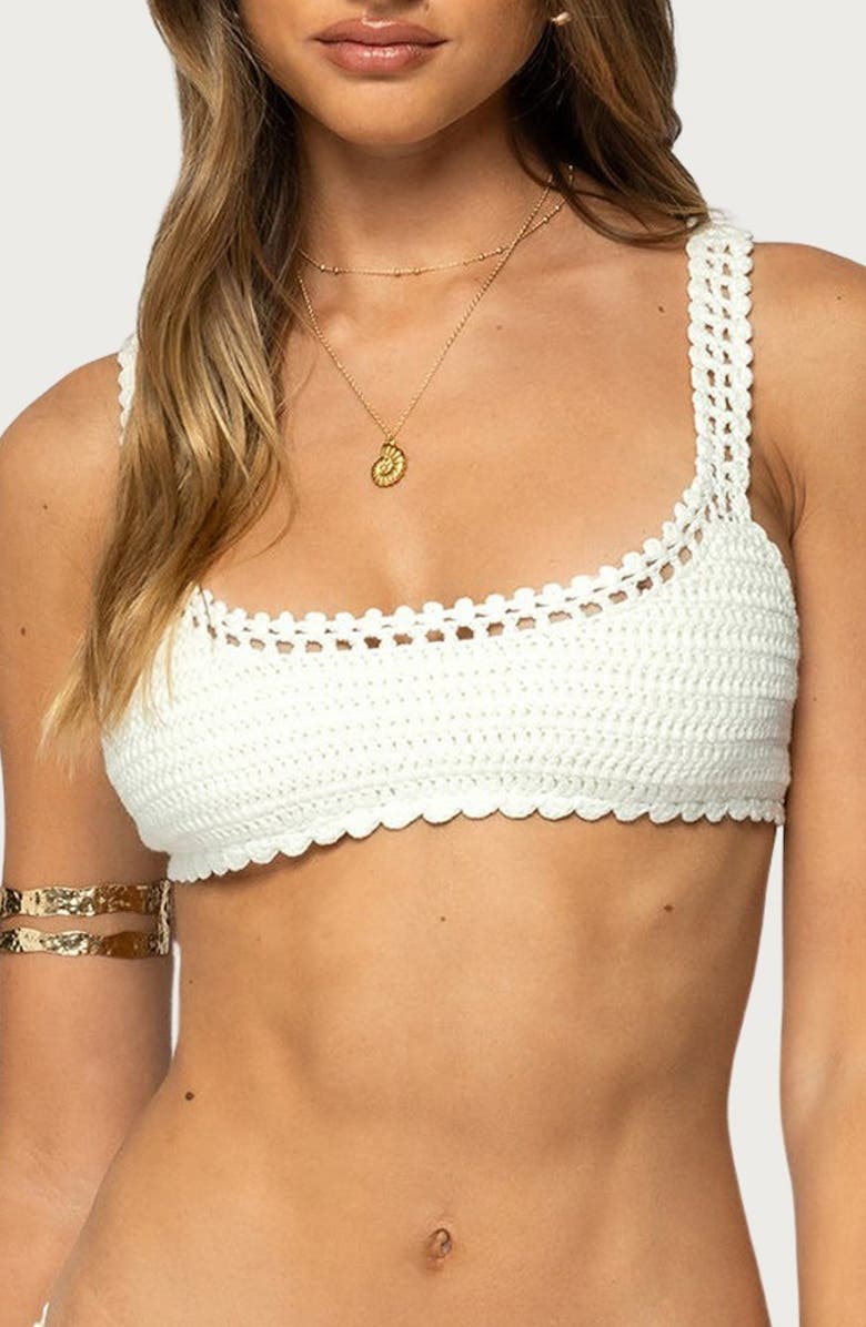 EDIKTED Enzo Crochet Bralette Bikini Top, Main, color, White