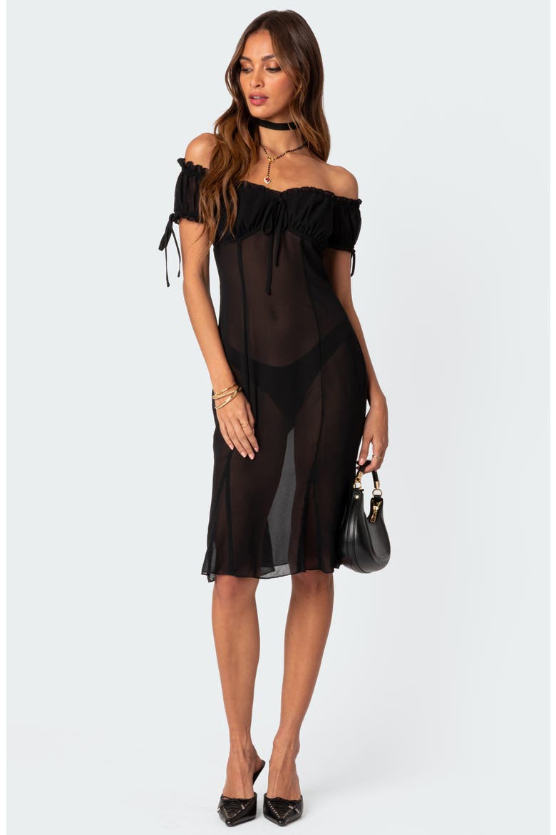 Off the Shoulder Sheer Mesh Dress, Alternate, color, BLACK