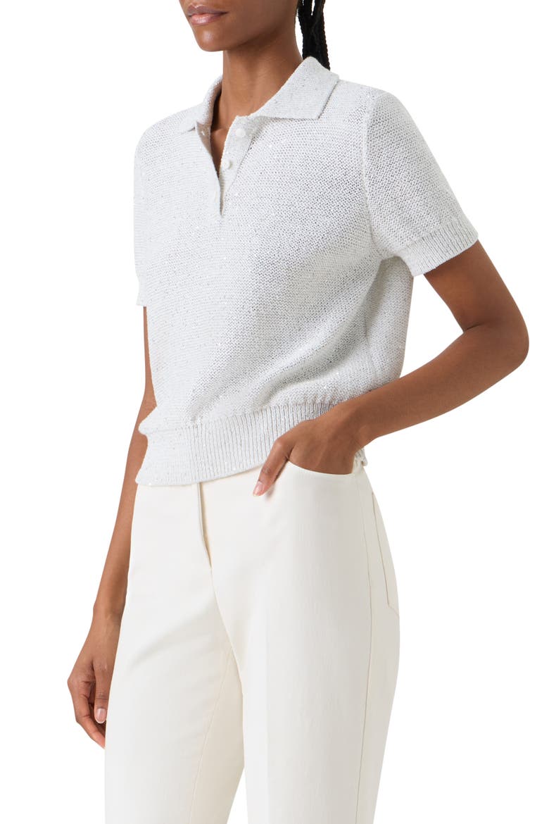 Sequin Linen & Cotton Blend Polo Sweater, Alternate, color, ECRU