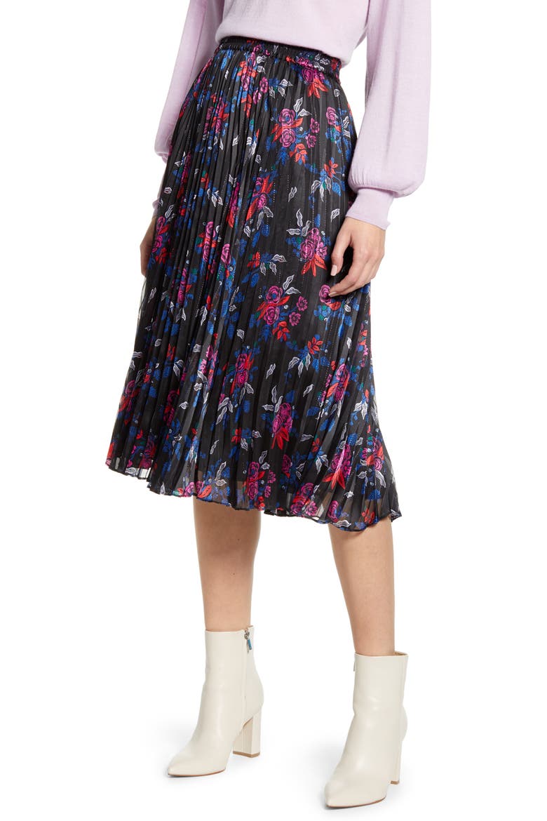 Pleated Woven Midi Skirt, Main, color, BLACK MULTI FLORAL
