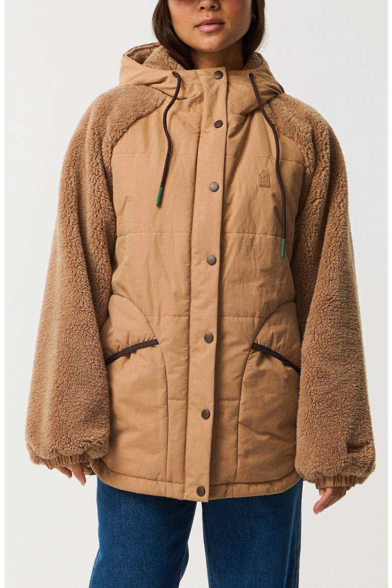 S-Series Splice Faux Shearling Sleeve Puffer Jacket, Main, color, BROWN