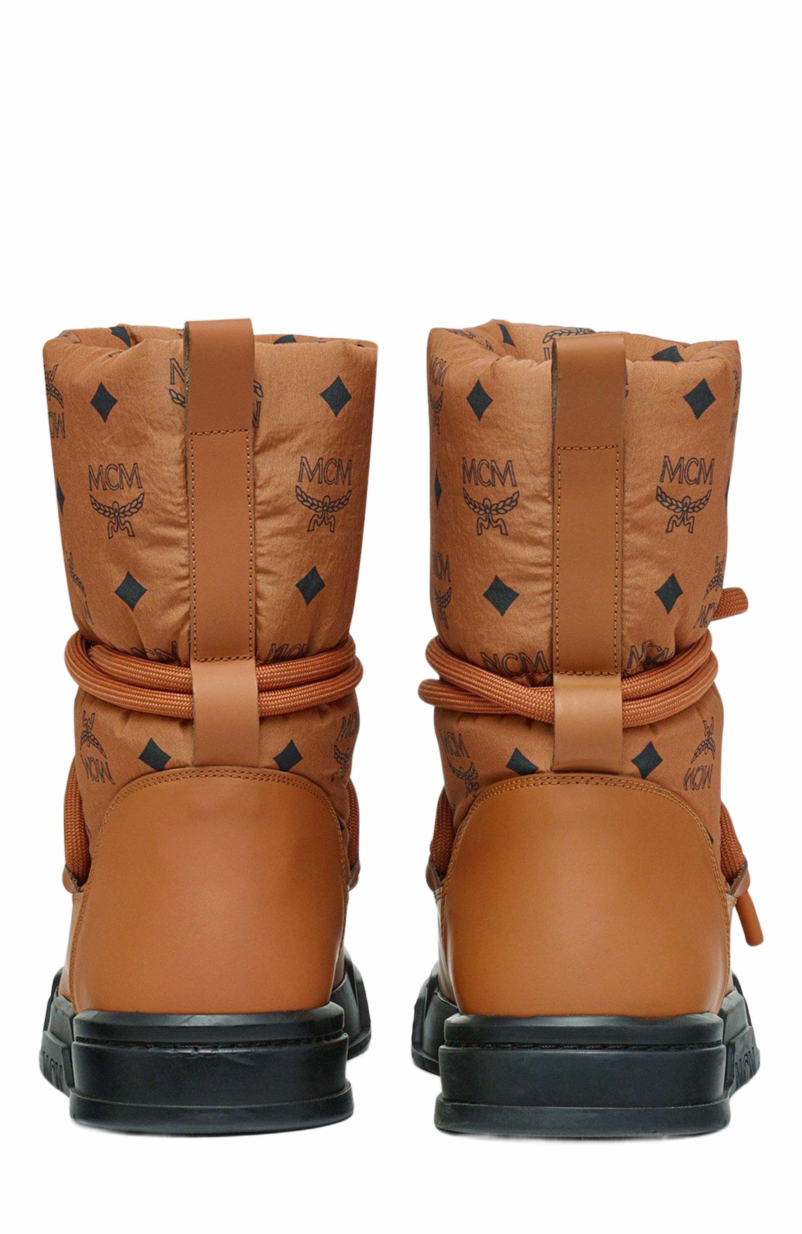 MCM Skyward Ankle Boots in Padded Monogram Nylon, Alternate, color, Cognac