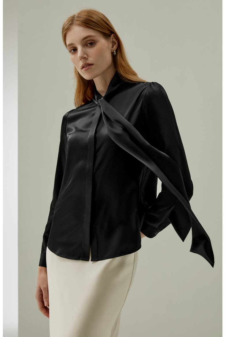 Women's Bow-tie Neck Silk Blouse, Alternate, color, Black