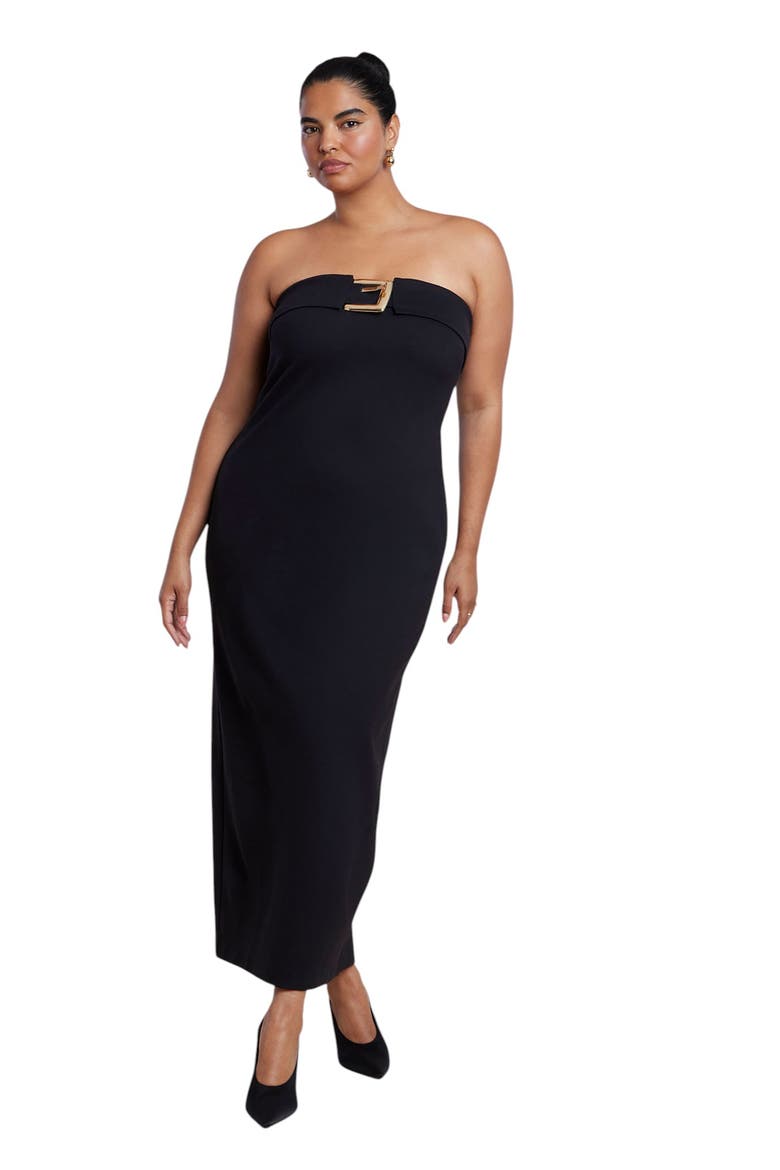 Buckle Detail Strapless Knit Maxi Dress, Main, color, BLACK ONYX