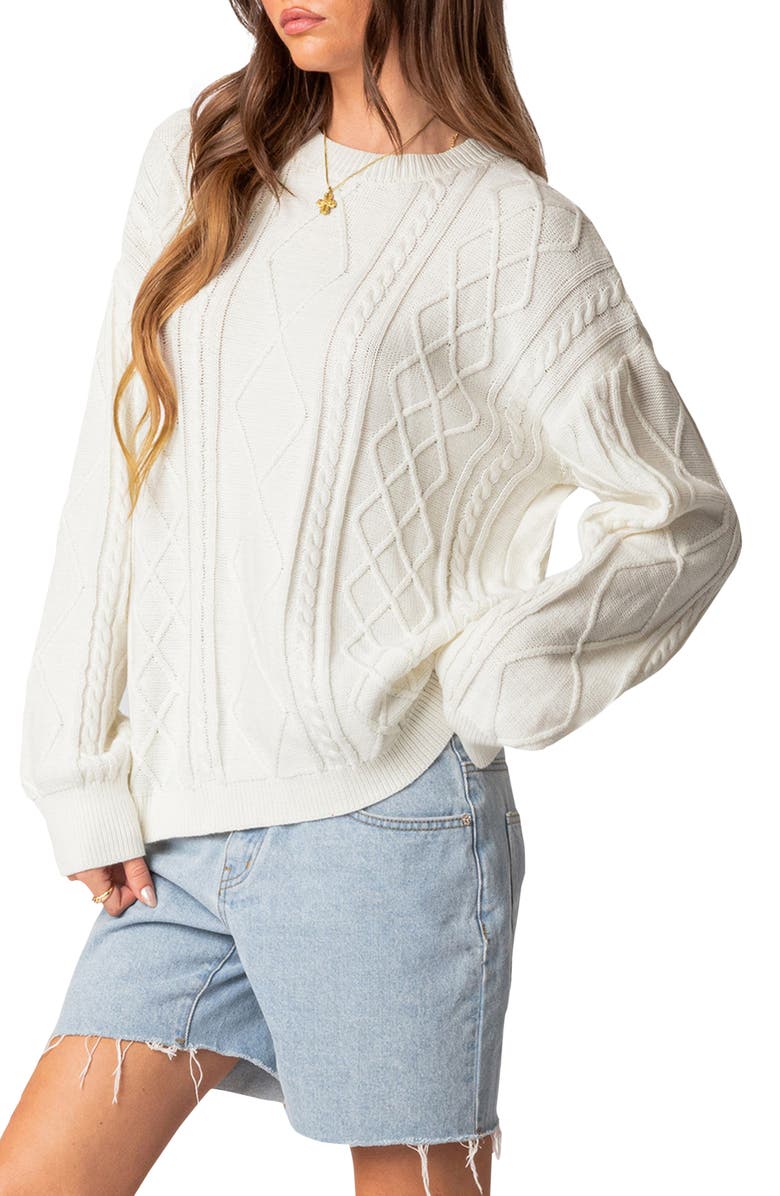 EDIKTED Jessy Oversize Cotton Cable Stitch Sweater, Alternate, color, Cream