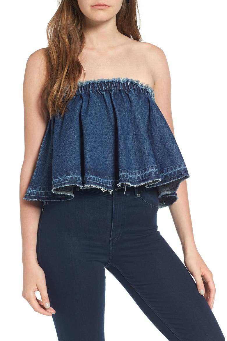 Ruffle Strapless Denim Top, Main, color, BLUE