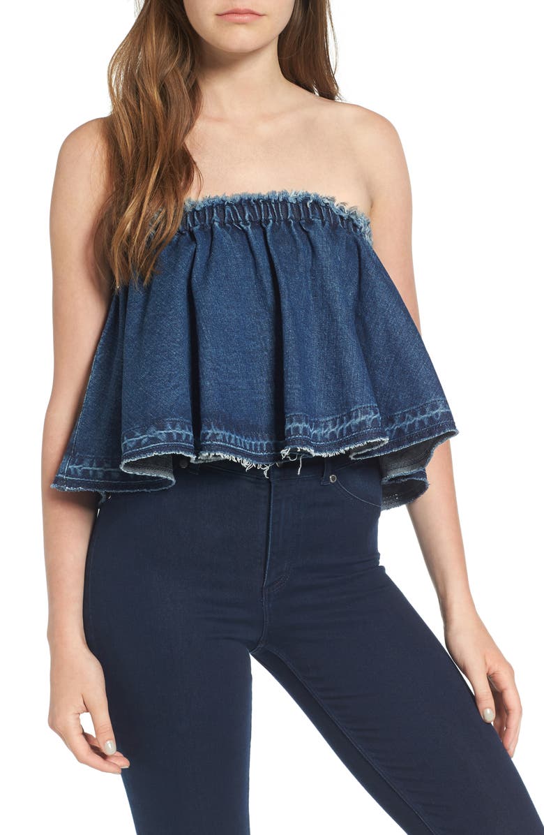 J.O.A. Ruffle Strapless Denim Top, Main, color, 