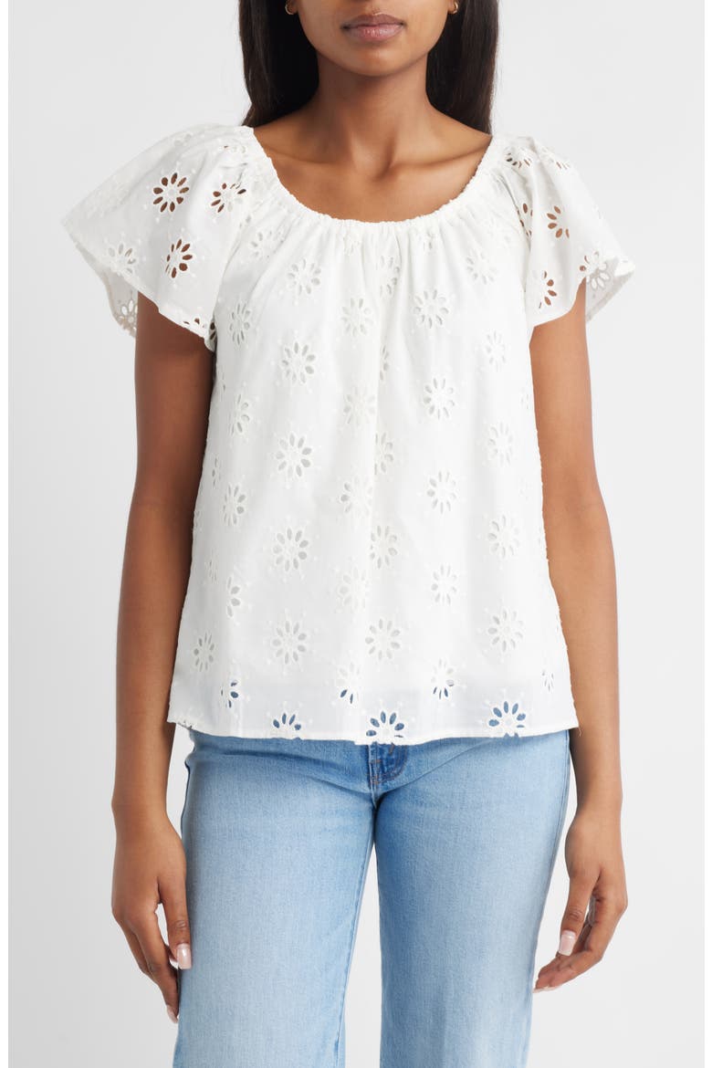 Eyelet Cotton Peasant Top, Main, color, WHITE
