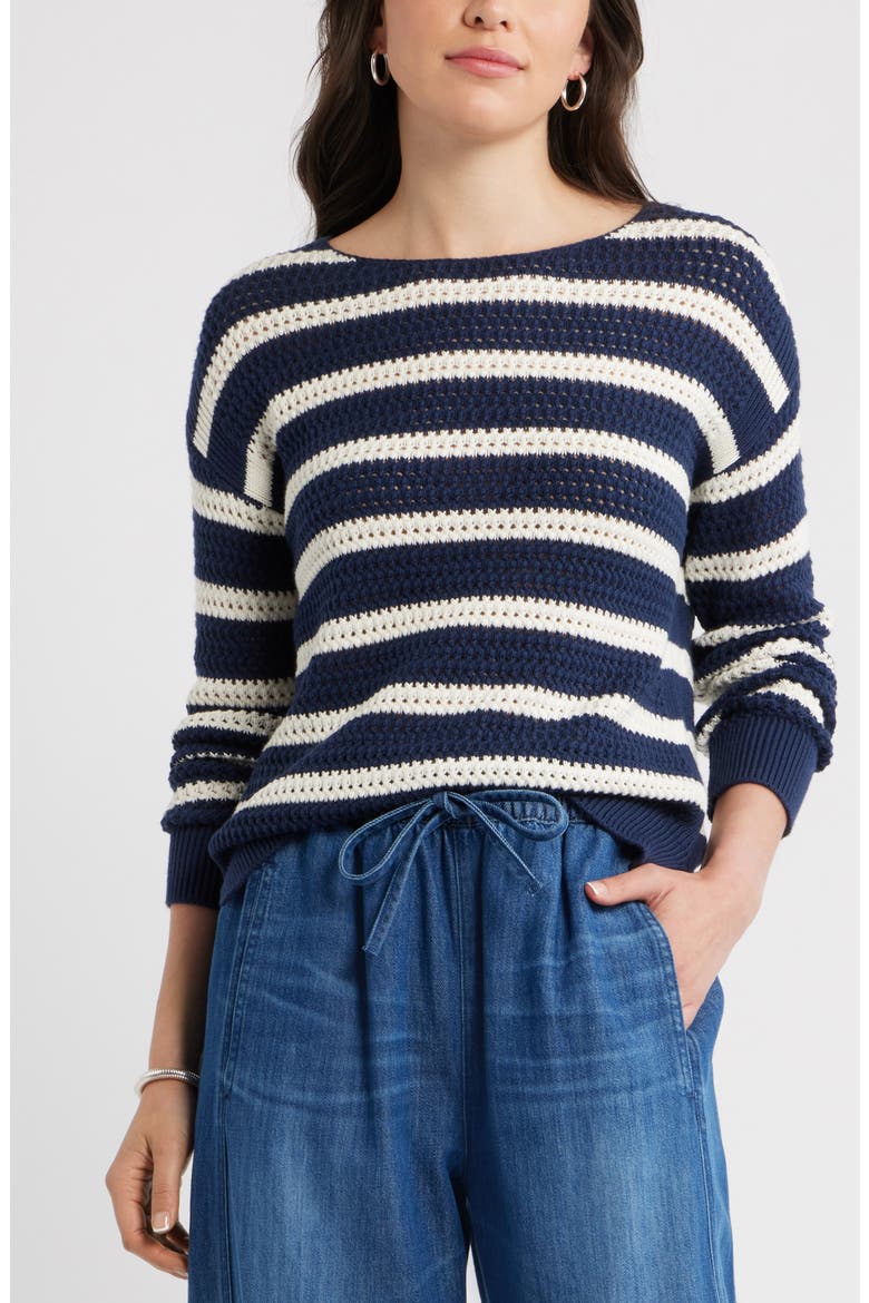 Open Stitch Cotton Blend Sweater, Main, color, NAVY- IVORY MATTY STRIPE