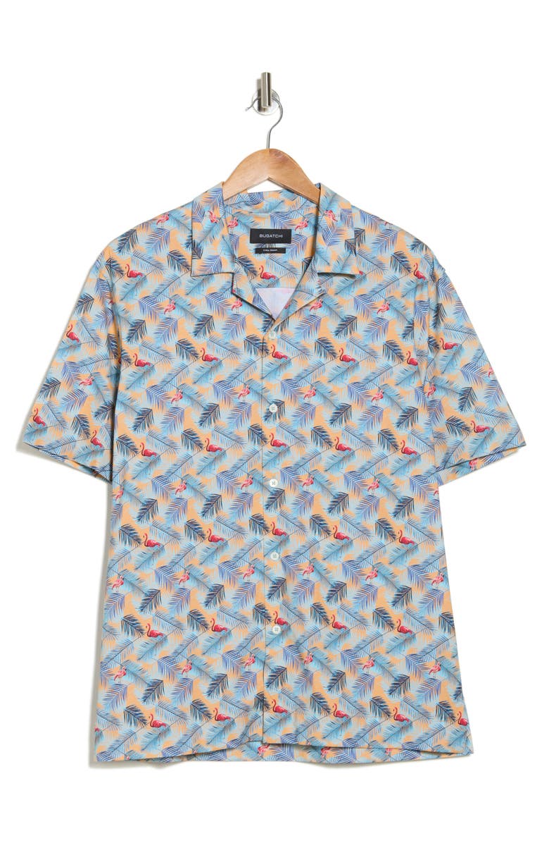 Bugatchi Flamingo Palm Short Sleeve Button-Up Camp Shirt, Alternate, color, Jaffa