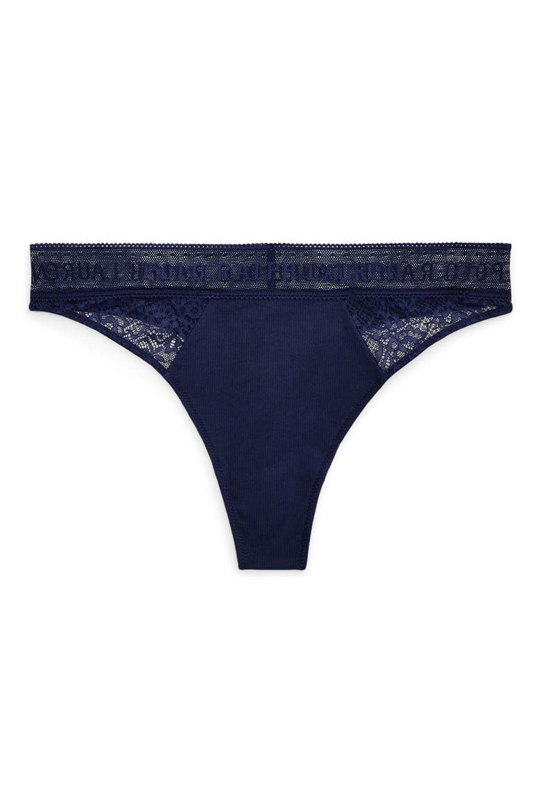 Lace & Stretch Cotton Rib Thong, Alternate, color, NAVY