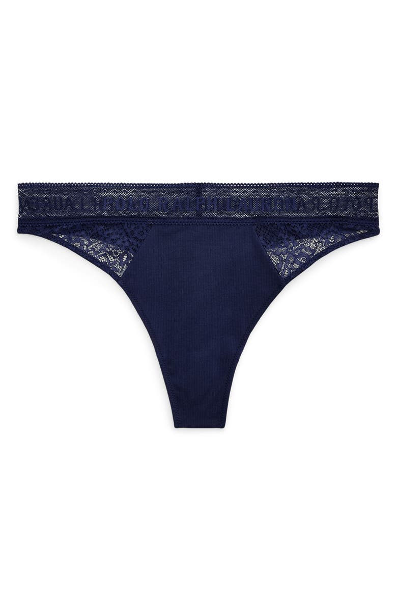 Polo Ralph Lauren Lace & Stretch Cotton Rib Thong, Alternate, color, Navy