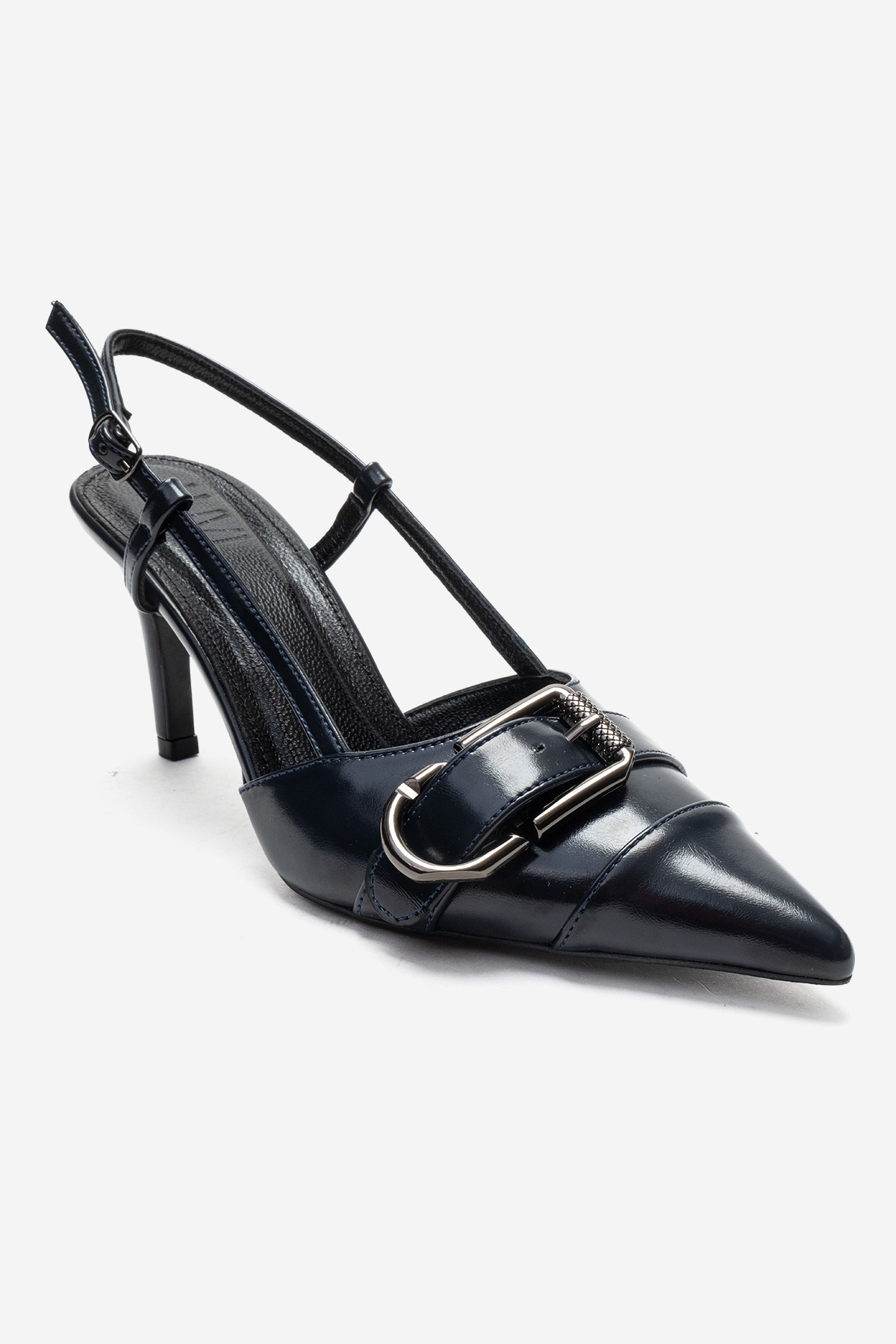 Noen Buckle Pointed Toe Stiletto Pump, Main, color, Navy