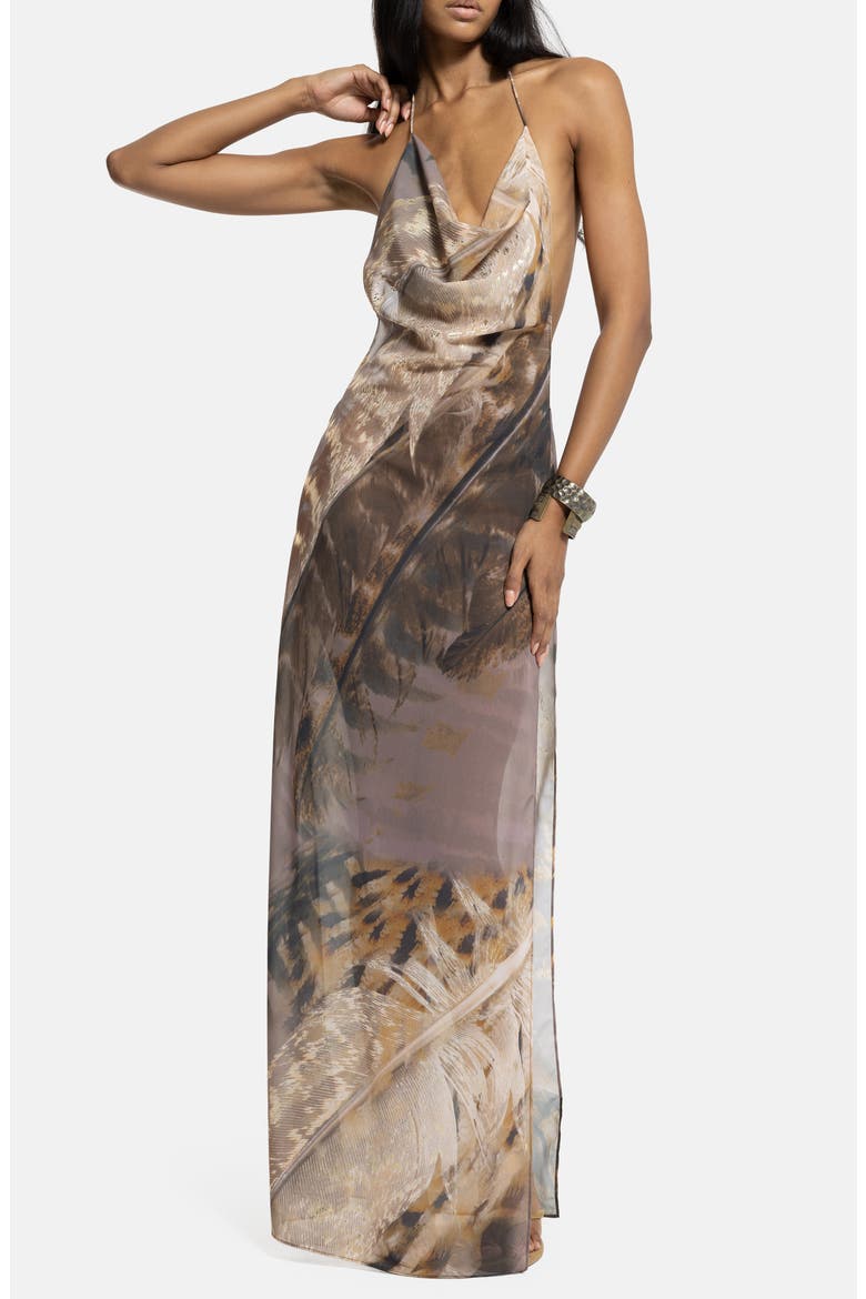 Feather Print Halter Neck Slipdress, Main, color, BROWN