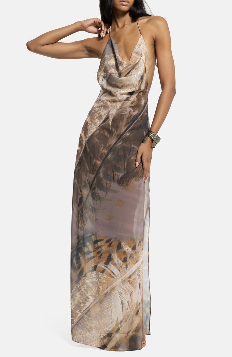 JADED LONDON Feather Print Halter Neck Slipdress, Main, color, Brown