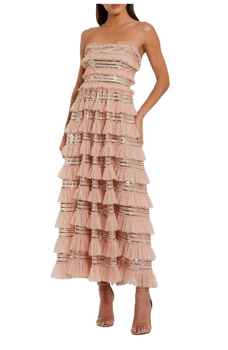 Mac Duggal Strapless Sequin Micro Ruffle Maxi Dress, Main, color, Porcelain