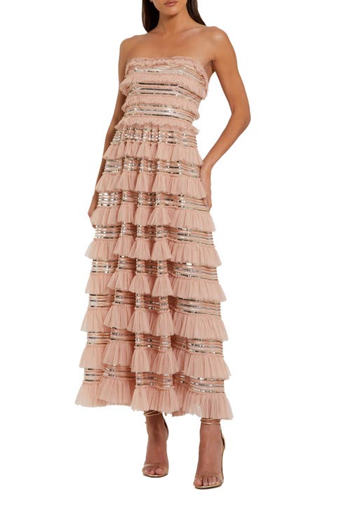 Strapless Sequin Micro Ruffle Maxi Dress