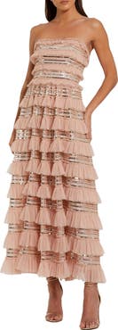 Mac Duggal Strapless Sequin Micro Ruffle Maxi Dress