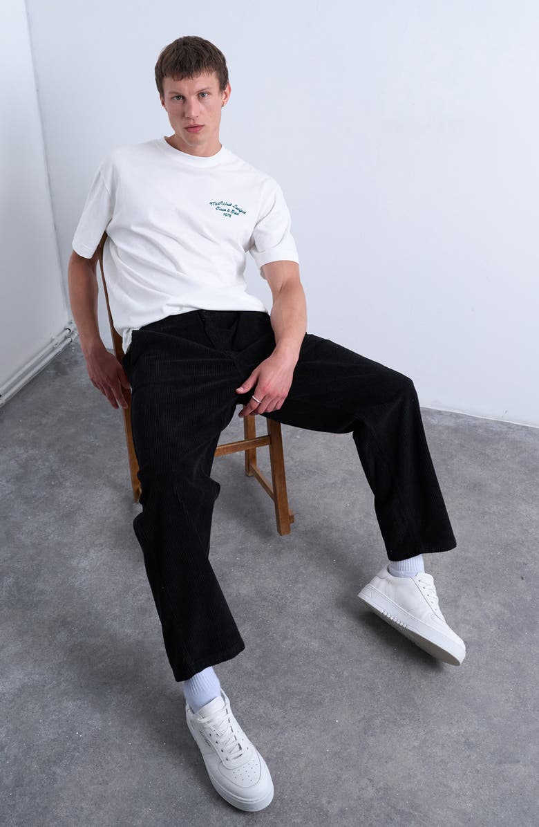 Topman Flat Front Tapered Cotton Corduroy Pants, Alternate, color, Black